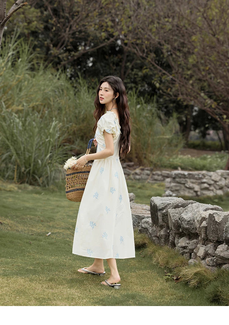 MISHOW French Print Summer Dresses for Women 2025 New Short Puff Sleeve V-neck Slimming Dress Female Fashion Cotton MXE32L2210