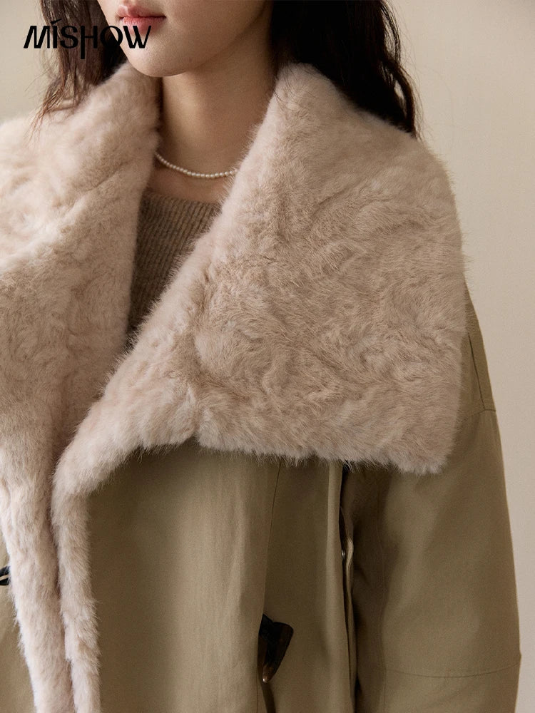 MISHOW Women's Parka Down Jacket Winter Large Lapel Fur Collar Horn Button Coat Thick Warm Loose Padded Outerwear MXE94W1046