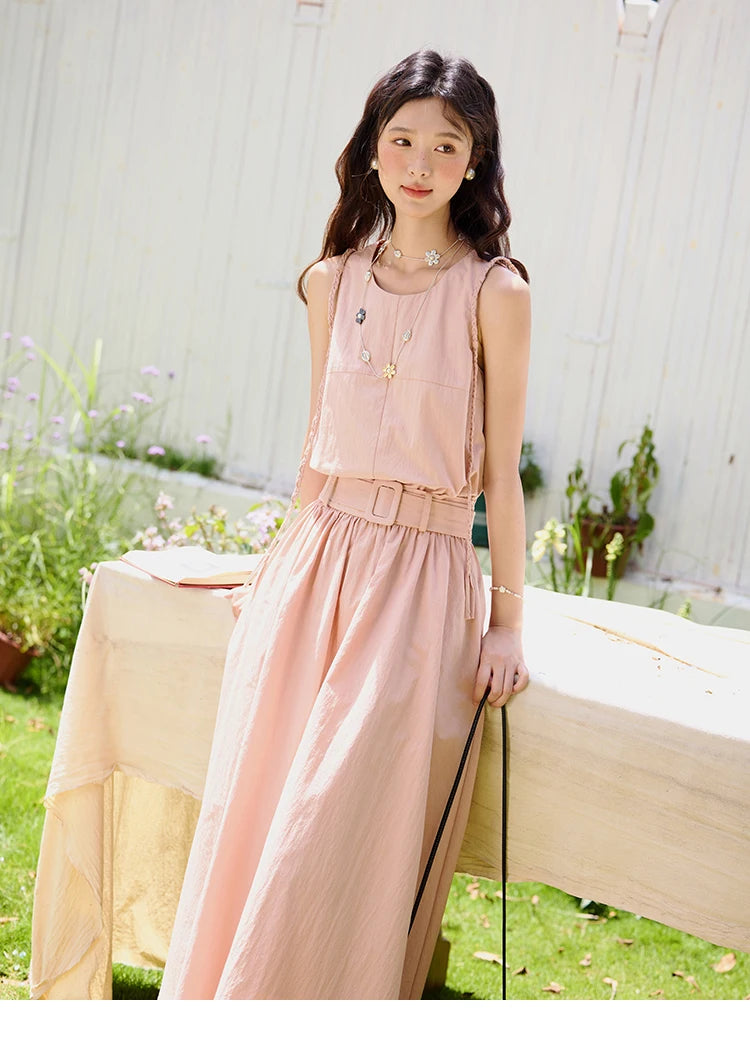 MISHOW Women's Vest Dress 2025 Summer Hand Woven Fried Dough Twists Waist Belt Slim Long Dress A-line Vacation Dress MXE34L2223