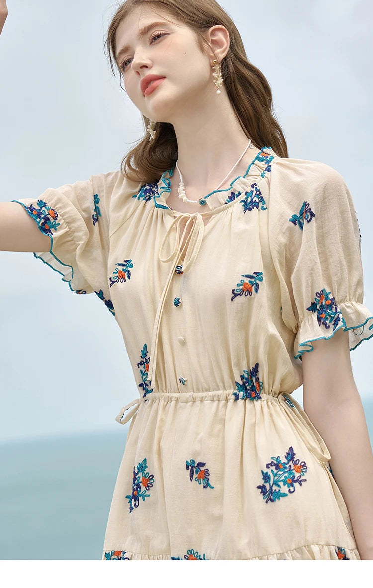 MISHOW French Romantic Dress 2024 Summer Women Embroidered Flower Fairycore Dresses Elastic Waist Drawstring Dress MXD24L1835