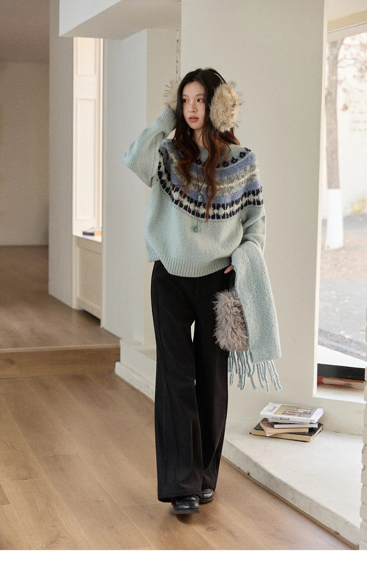 MISHOW Women's Blue Fair Isle Sweater 2025 Winter Geometric Jacquard Loose Retro Wool Blend Knit Pullovers Sweaters MXE87Z2767