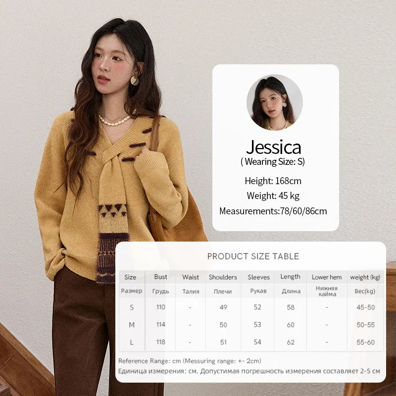 MISHOW Women V-neck Knit Top 2025 French-style Elegant Workwear Long-sleeved Yellow Pullover Women's Winter Clothing MXE87Z2771