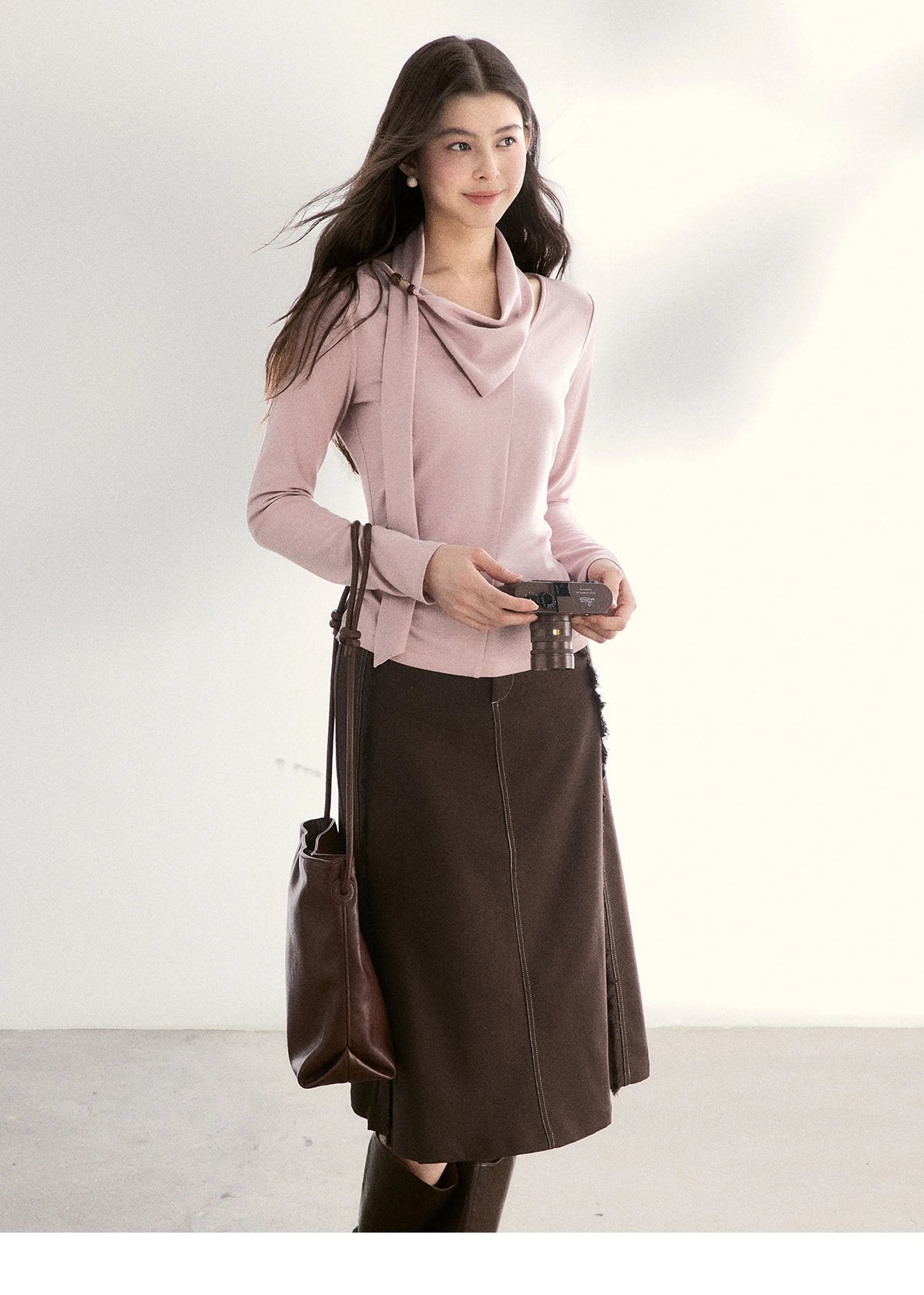 MISHOW Women's Scarf Neck Pink Long Sleeve Top 2026 Spring Color Collision Bead Asymmetrical Tops Knitted Sweaters MXF108Z1025