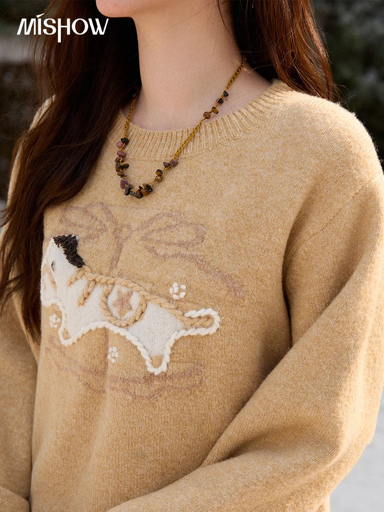MISHOW Handmade Embroidered Jacquard Sweater for Women in Autumn Winter 2025 Thick Pony Knitted Pullover Sweaters MXE92Z2848