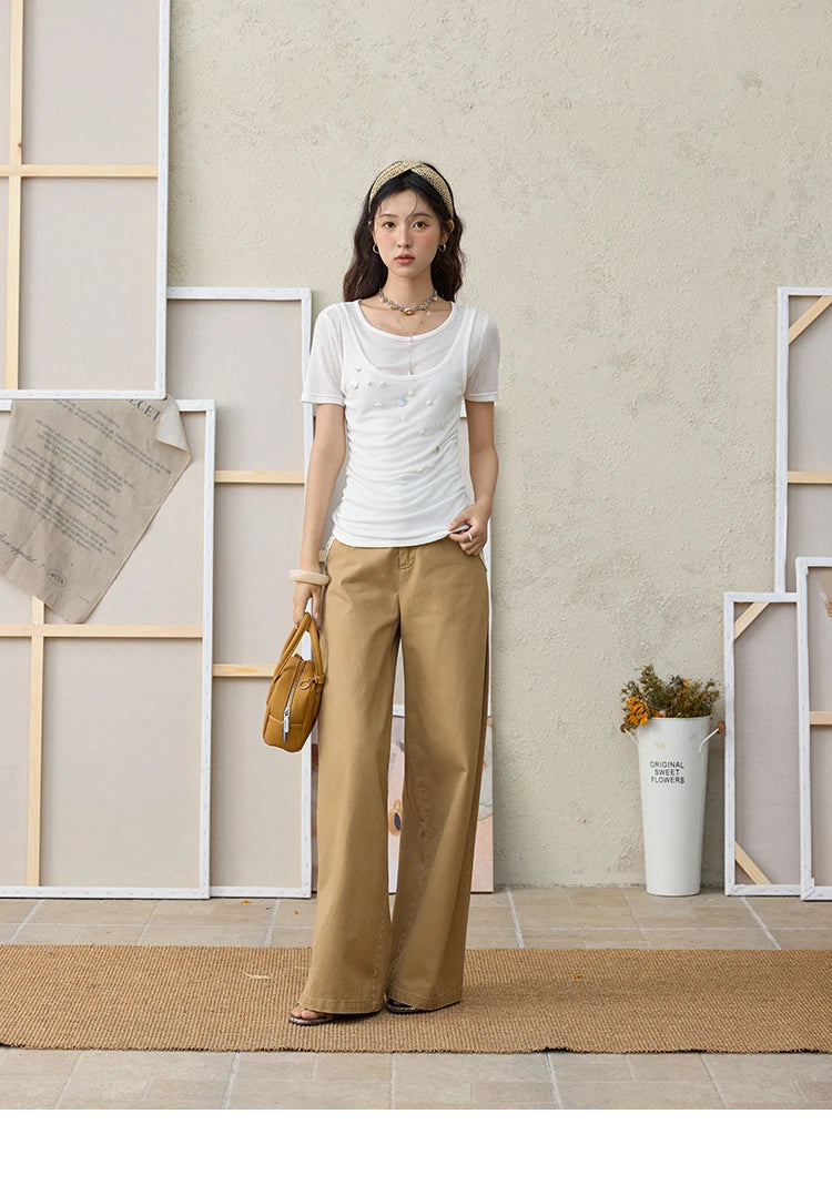 MISHOW 100Cotton Khaki Lace Patchwork Wide Leg Pants for Summer 2025 High Waist Straight Leg Trousers Commuting Pants MXE34K0925