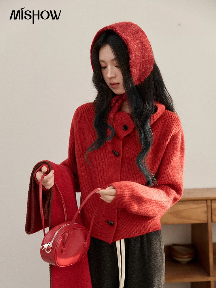 MISHOW Women's Retro Red Bull Horn Button Sweater 2025 Winter Arctic Velvet Warm Knitted Sweater Excluding Headscarf MXE90Z2819