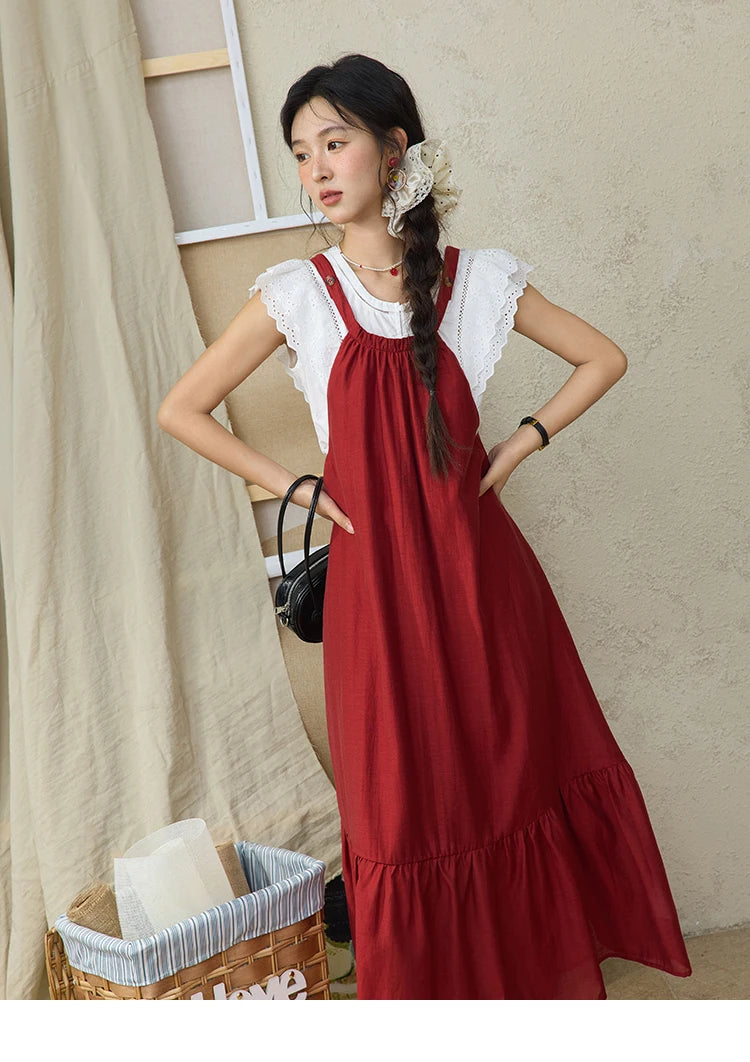 MISHOW Red Linen Strap Midi Dress Summer Sleeveless Casual Vacation Dress Hanging Neck Loose A-LINE Dress (Not A Set) MXE36L2309
