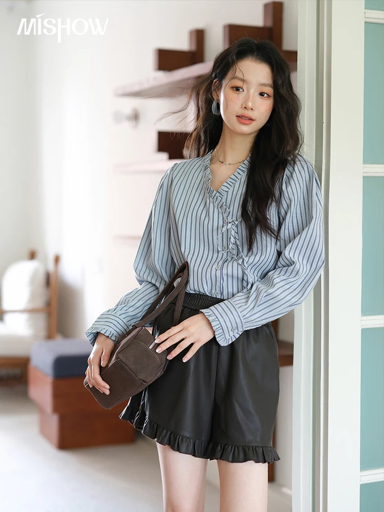 MISHOW Blue Striped Peach Skin Velvet V-neck Shirts for Women Autumn 2025 Asymmetrical Lace-up Commuting Casual Shirt MXE42X2472
