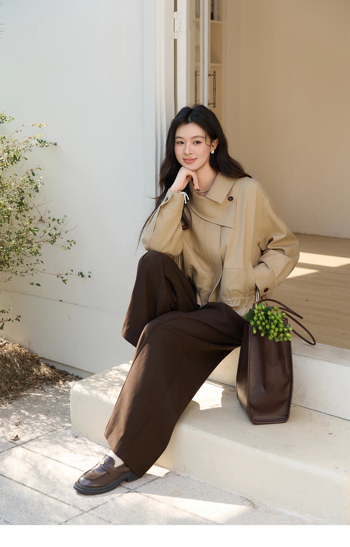 MISHOW Women's Khaki Cropped Jacket 2026 Spring Asymmetrical Collar Drawstring Waist Short Jackets Casual Loose Coat MXF11W1029