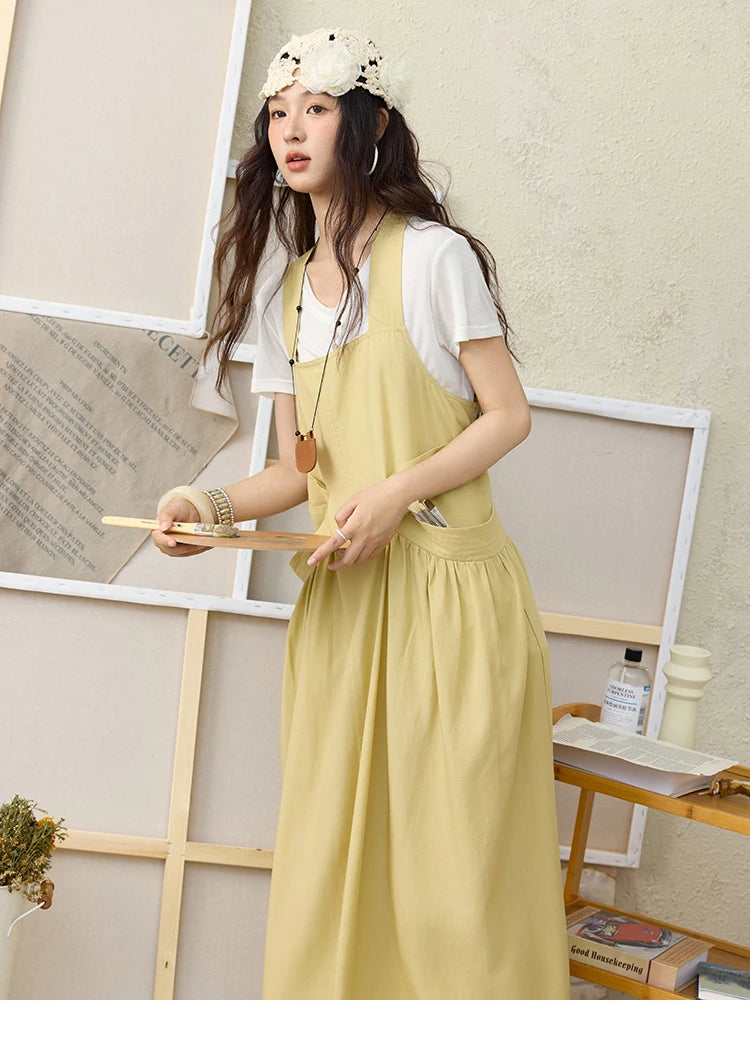 MISHOW Women's Cargo Large Pocket Strap Dress 2025 Summer Lemon-yellow Sleeveless Dress Retro Square Neck Loose Dress MXE35L2302