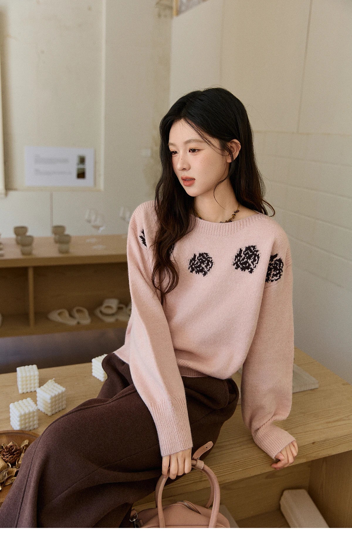 MISHOW Pink Jacquard Sweater for Women Fall Winter 2025 Lantern Sleeve Tops Shoulder Drop Thickened Knitted Sweater MXE91Z2775