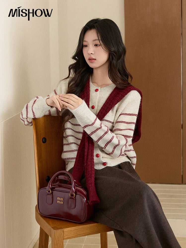 MISHOW Women's Beige Striped Knitted Cardigan 2025 Autumn Winter Red Scarf Decor Button O-Neck Warm Loose Sweaters MXE93Z2948