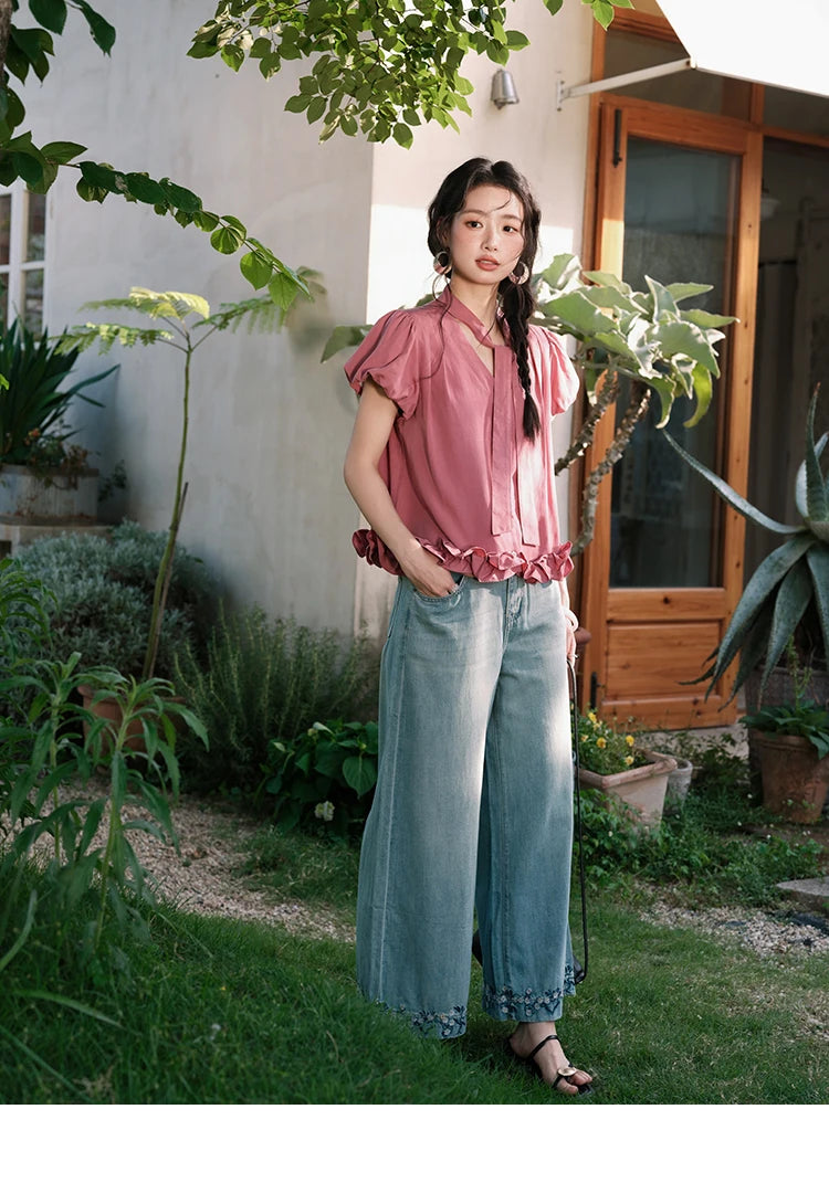 MISHOW Women's Summer V-neck Blouse 2025 New Fashion Puff Sleeve Lace Up Button Sweet Top Casual Female Clothing MXE38X1914