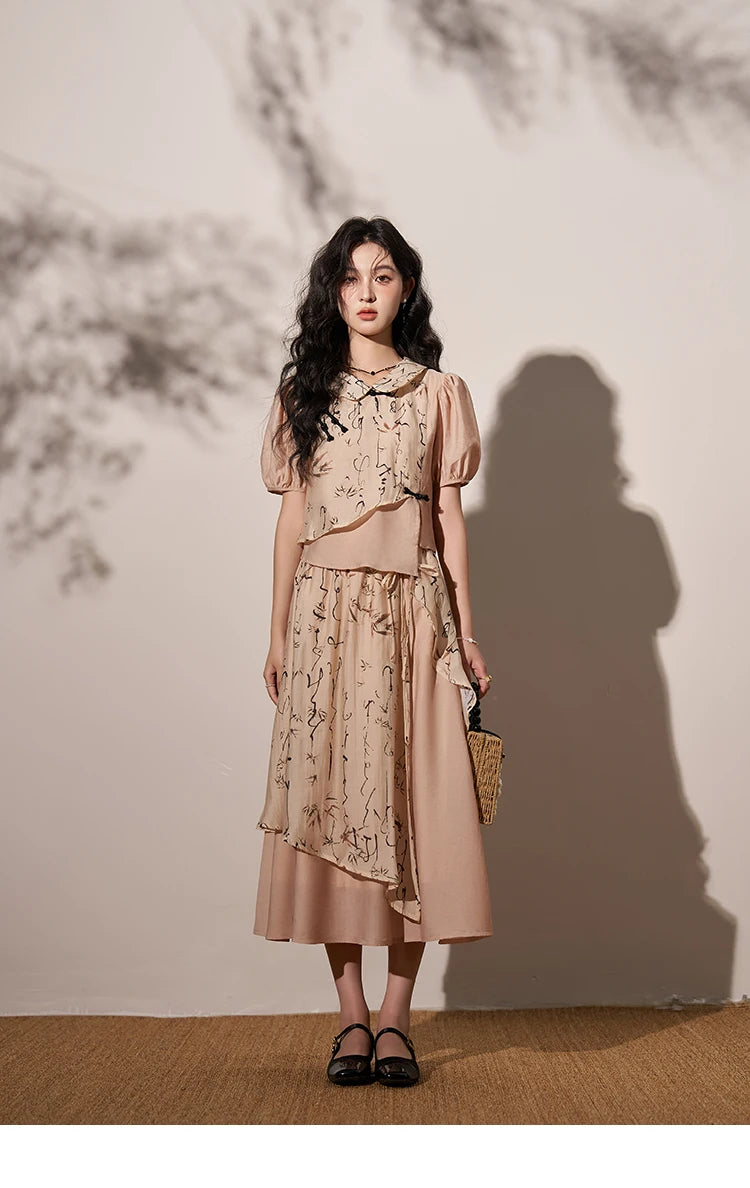 MISHOW Chinese Polo Neck Top Asymmetric Fork Skirt Separately Summer Floral Puff Sleeve Shirt High Waist A-line Skirt MXD22X1396