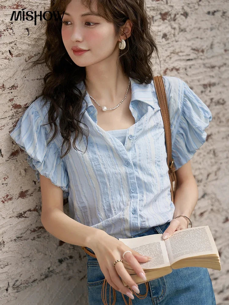 MISHOW Blue Striped Short Sleeve Shirt for Women Summer 2025 Bubble Flower Bud Sleeves Lapel Neck Shirt with Tube Top MXD24C0204