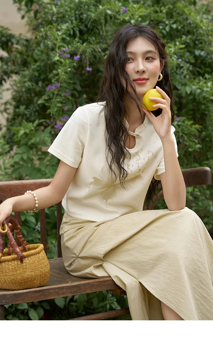 MISHOW Chinese Stand Collar Top Pleated Skirt Separately 2024 Summer Short Ink Painting Printed T-shirt A-line Skirt MXD27T0272