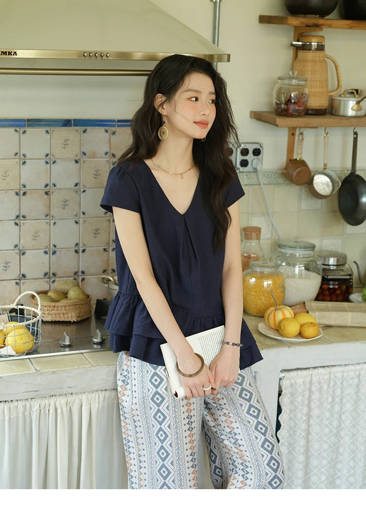 MISHOW Women's Two Piece Set 2025 Summer Spliced Lotus Leaf Edge V-neck Blouse Fashion Geometric Wide Leg Pants Set MXE39T0670