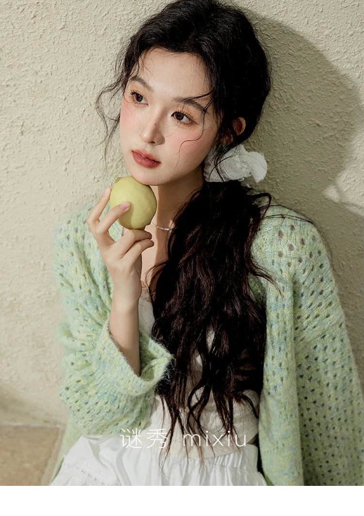 MISHOW Green Knitted Cardigan for Women Spring 2025 Loose Hollow Out Wave Neck Commuting Slim Open Stitch Cardigan MXE12Z1212