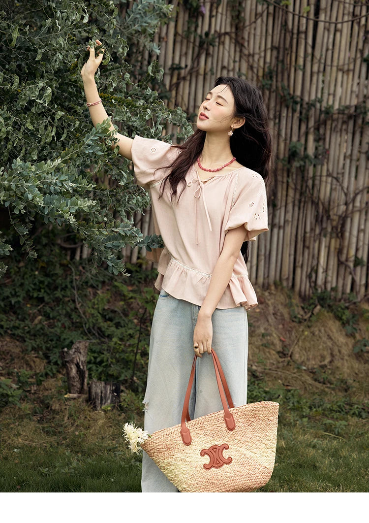 MISHOW French Summer Blouse Women 2025 Short Puff Sleeve Round Neck Solid Hollow Embroidery Shirts Woman Holiday Thin MXE31X1747