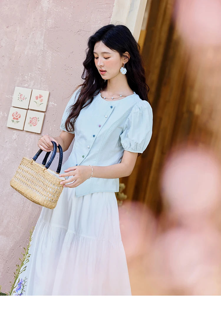 MISHOW Bubble Sleeves Blouses for Women Summer 2025 Irregular Placket Tops Rainbow Button Solid Blouse Office Lady MXE34X1782