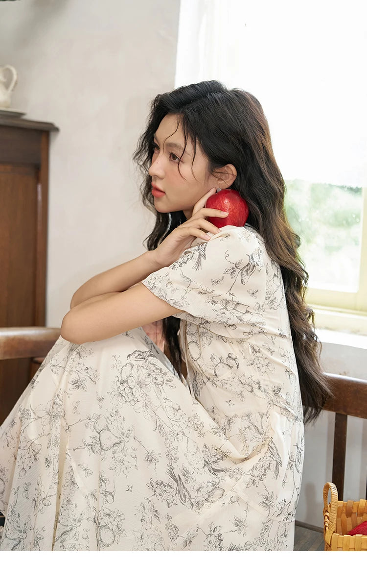 MISHOW Women's Print Chiffon Dresses 2025 Summer New Floral Short Sleeve Mid-length A-line Lace-up French Lady Dress MXD27L1841