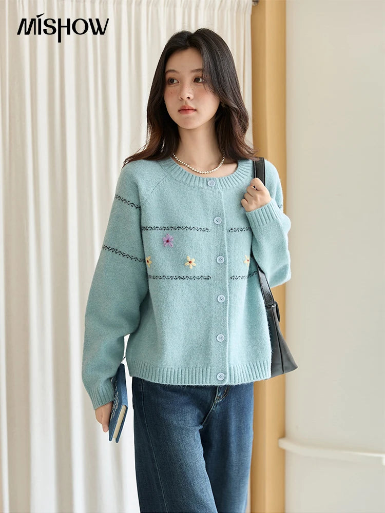 MISHOW Women Cardigan Long Sleeve 2025 Autumn Winter Flower Embroidered Knitted Cardigan Commute Loose Blue Knit Top MXE46Z2581