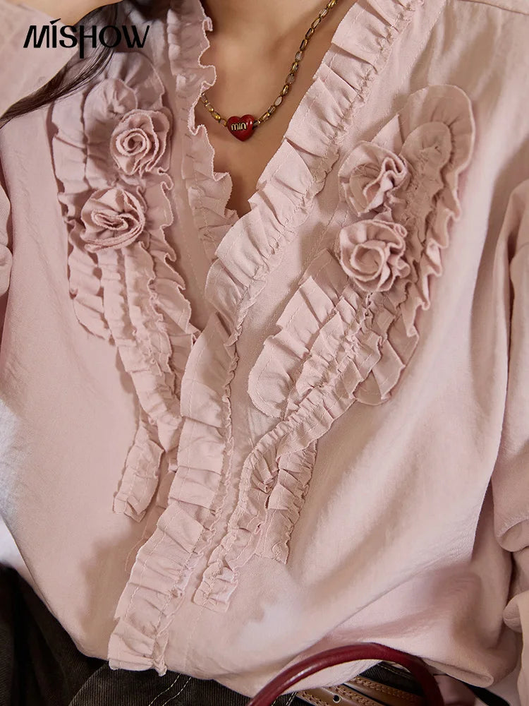 MISHOW Hand Sewn Rose Blouse for Women Autumn 2025 V-neck Edible Tree Fungus Edge Tops Sweet Lantern Sleeves Blouses MXE44X2470