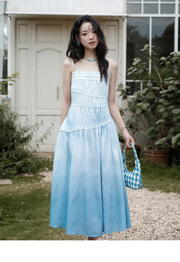 MISHOW Female Fashion Gradient Strap Dress 2025 Summer Sleeveless Black Fungal Edge Sashes Women's Vacation Dresses MXE34L2242