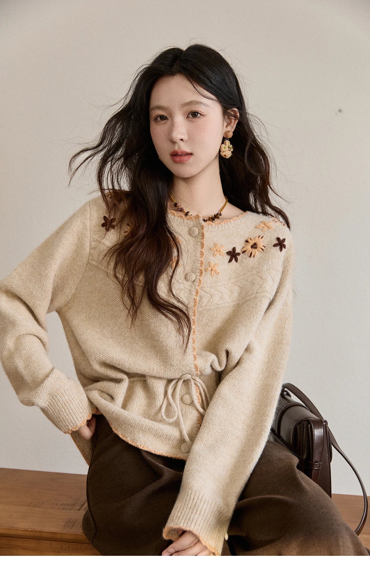 MISHOW Women's Apricot Hand-Embroidered Cardigan 2025 Winter Wool Blend Sweater Waist Tie Crochet Thick Warm Knitwear MXE87Z2702