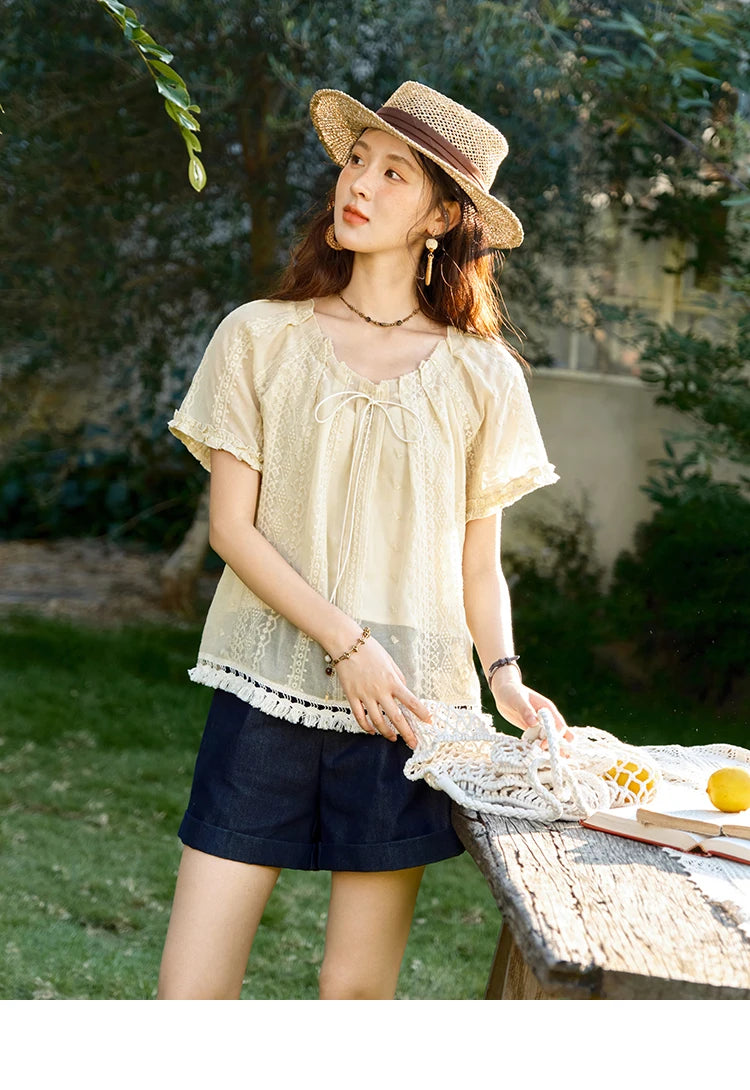 MISHOW Women's Embroidery Jacquard Blouse 2025 Summer New Fashion O-Neck Lace Up Short Sleeve Blouse Female Clothing MXE37X1861