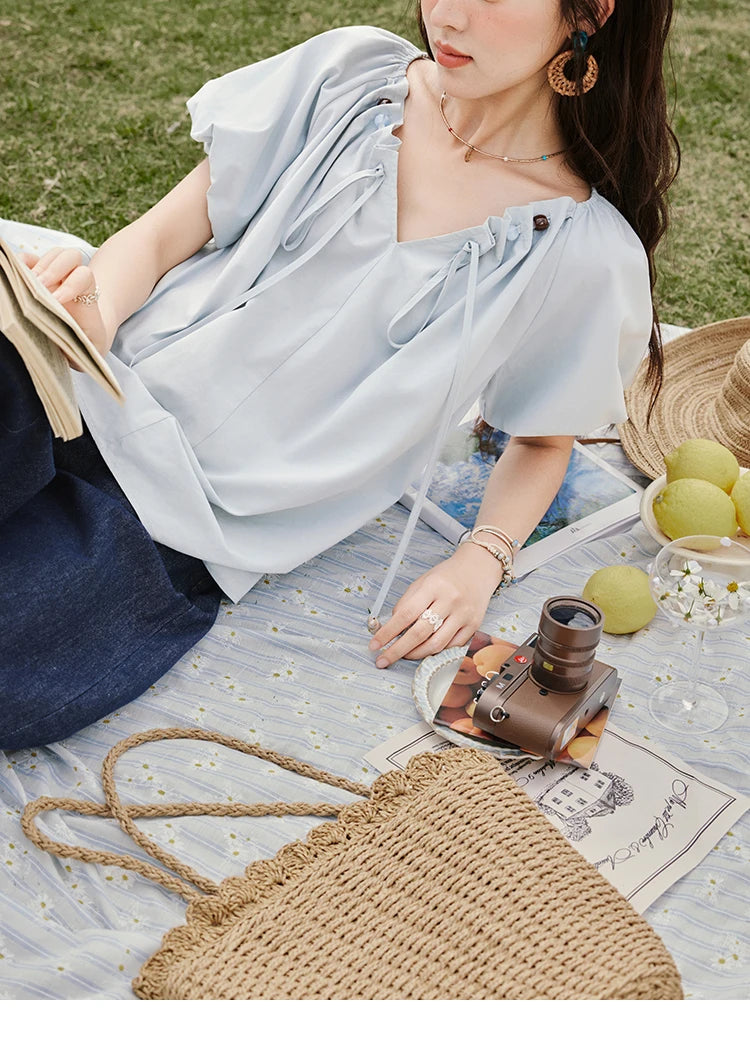 MISHOW Solid French Summer Blouses Woman 2025 New Short Puff Sleeve V-neck Beaded Retro Shirts Women Fashion Tops MXE33X1757