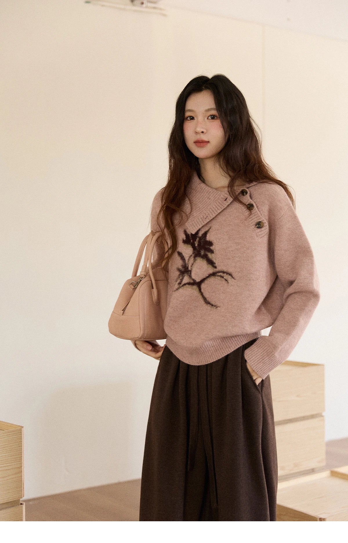 MISHOW Plant Jacquard Sweater for Woman 2025 Winter French Style Casual Turtleneck Design Knitted Pullover Tops Woman MXE86Z2658