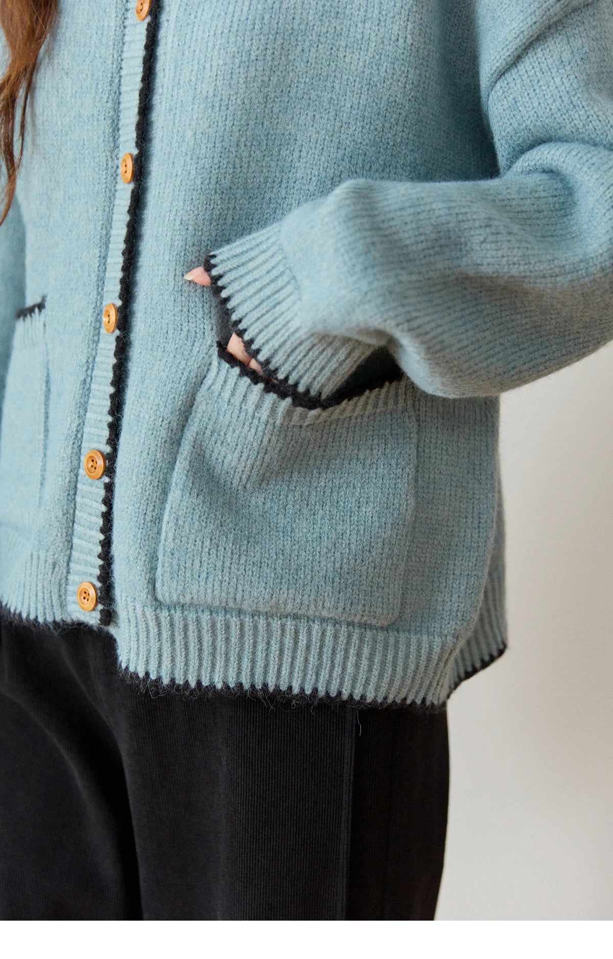 MISHOW Women's Yellow Knitted Cardigan 2025 Autumn Winter Color Collision Edge Sweater Pockets Loose Warm Casual Tops MXE94Z2973