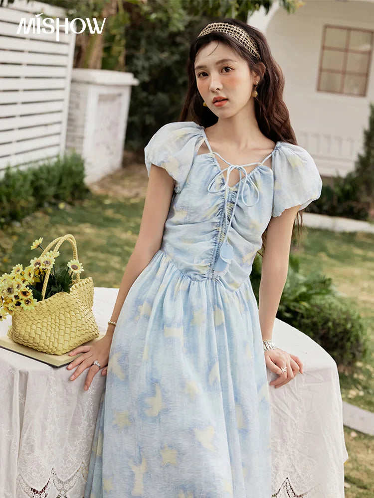 MISHOW Ladies Lace Up Puff Sleeve Dress 2025 Summer New Vacation Fashion V-neck Slim Lyocell Linen Blue Midi Dresses MXE34L2227