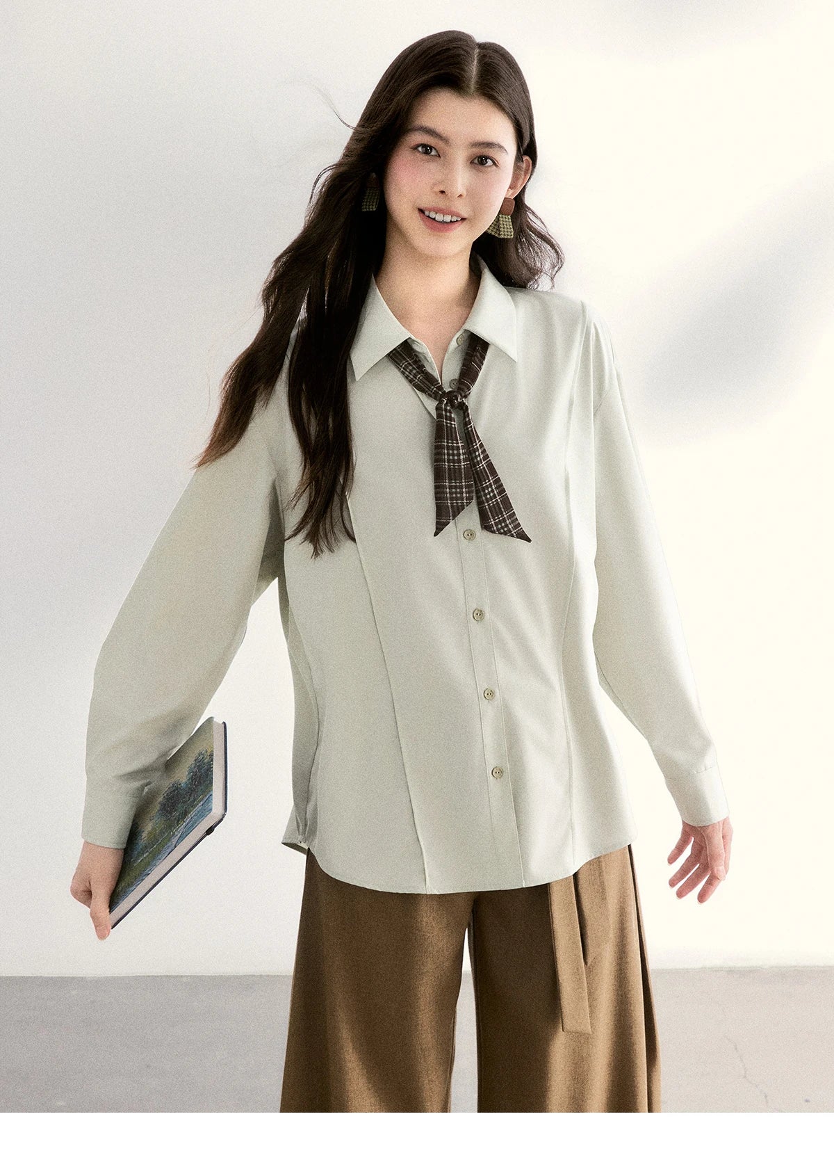 MISHOW Women's Casual Loose Shirt with Plaid Scarf 2026 Spring Lapel Tops Versatile Long Sleeve Shirts Office Lady MXF108C0815