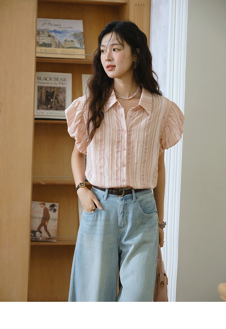 MISHOW Pink Turn-down Collar Flower Bud Sleeve Shirt for Women 2025 Summer New Women's Clothing Button Striped Shirt MXD24C0204