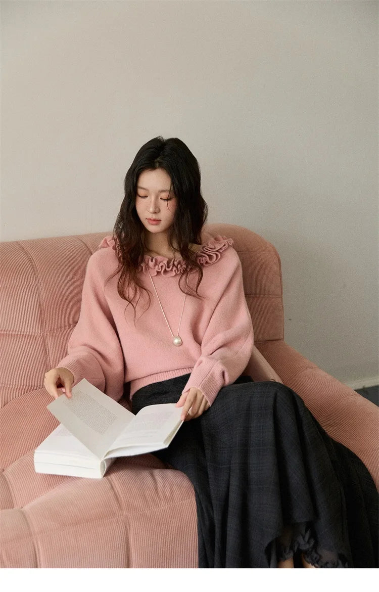 MISHOW Pullovers Women 2025 French Style Orange Lotus Edge Crew Neck Lantern Sleeves Top Slim Luxury Women's Sweaters MXE86Z2726