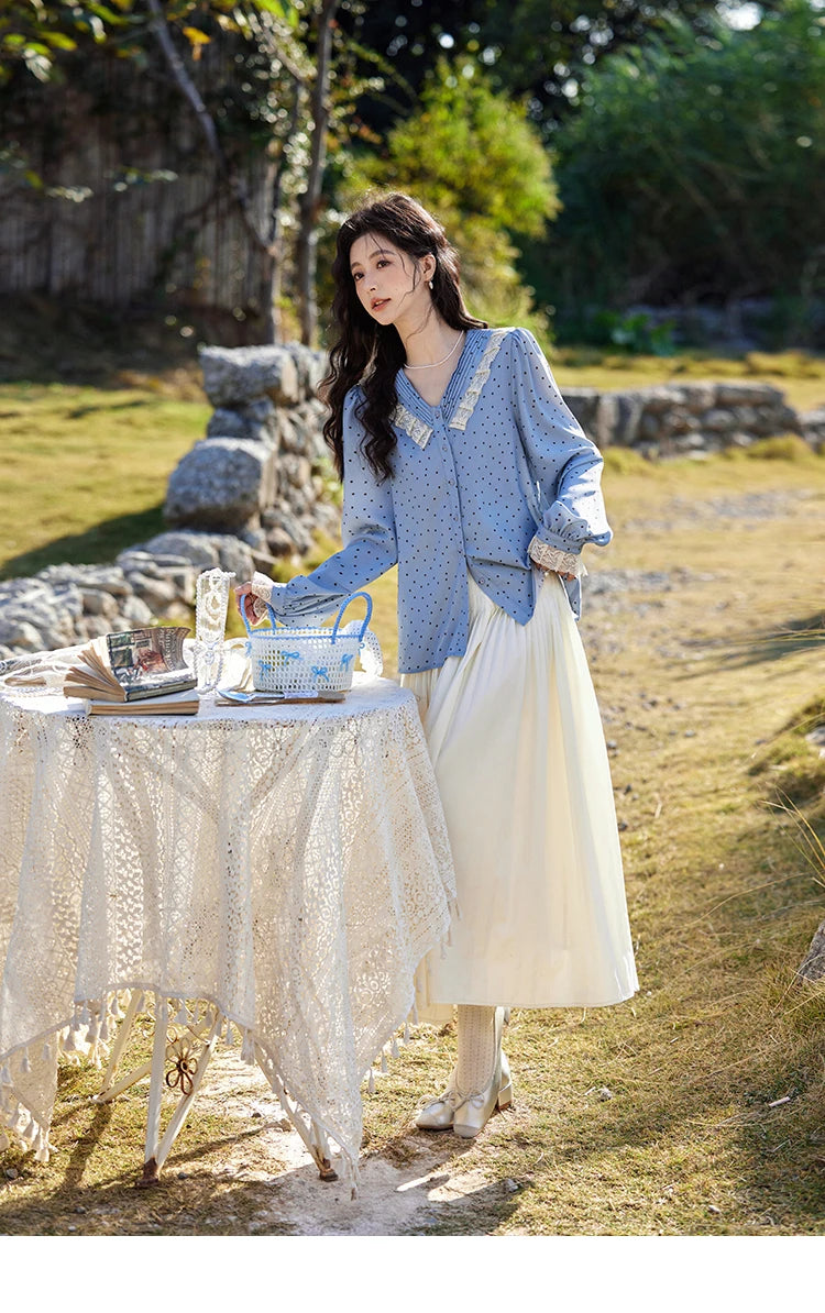 MISHOW Lace Patchwork Polka Dot Shirt for Women Spring 2025 French V-neck Shirt Cuff Splic with Hollowed Out Lace Top MXE12X1707