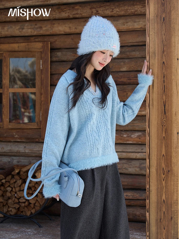 MISHOW Luxury Women's Sweaters 2025 Winter Blue Polo Collar Cable Knit Faux Mink Pullovers Loose Commute Tops Lady MXE88Z2756