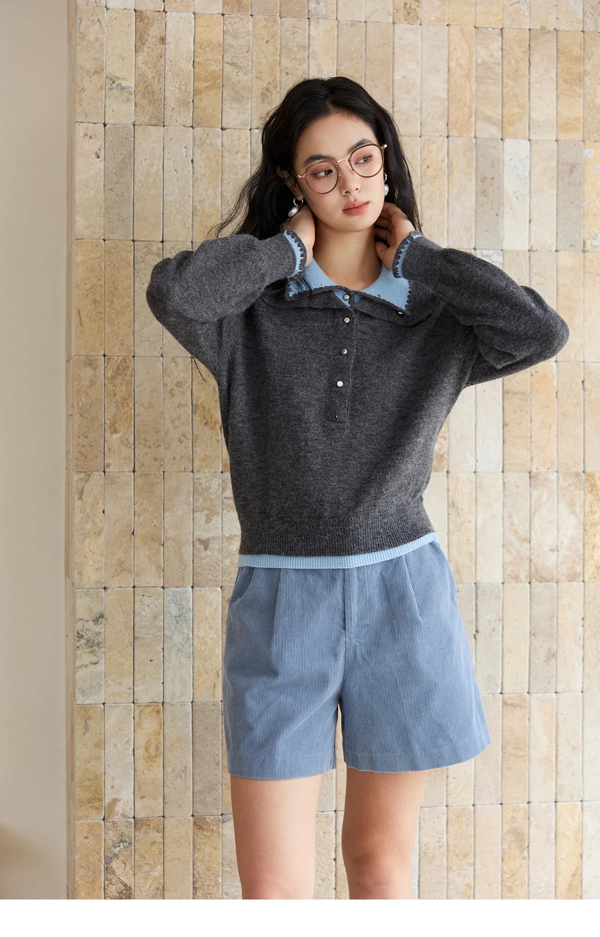 MISHOW Elegant Women's Sweaters 2025 Autumn Designer Knitted Double-layer Turn-down Collar Loose Long Sleeves Tops MXE45Z2502