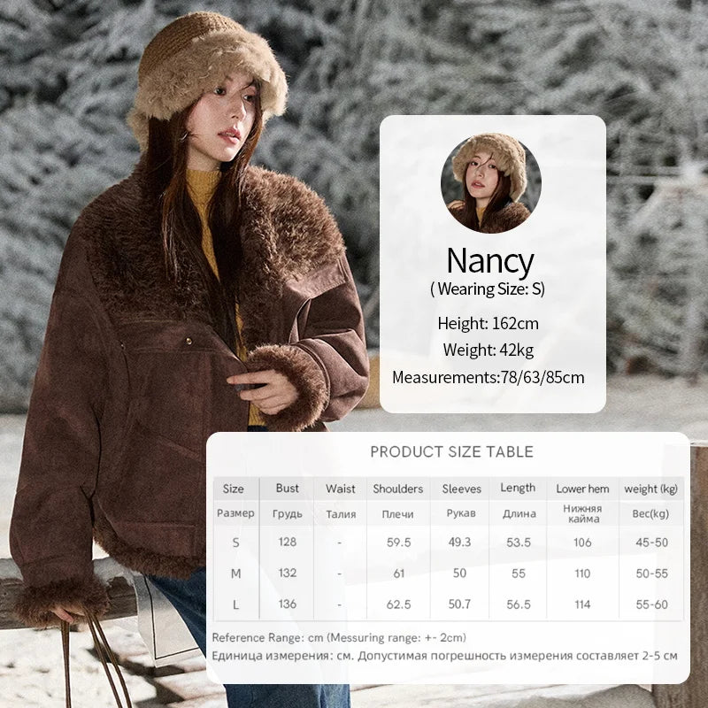 MISHOW Women's Blue Jacket 2025 Winter Blue Plush Turn-down Collar Zip-up Coat Fashion Casual Warm Loose Coat Woman MXE87W0917