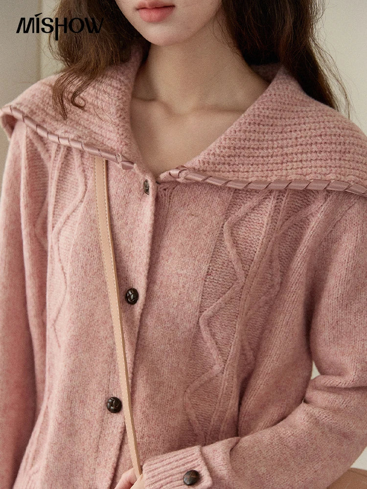 MISHOW Elegant Cardigan Women 2025 Fashion Large Turn-down Collar Long Sleeves Knit Cardigan Loose Autumn Cardigan MXE89Z2636