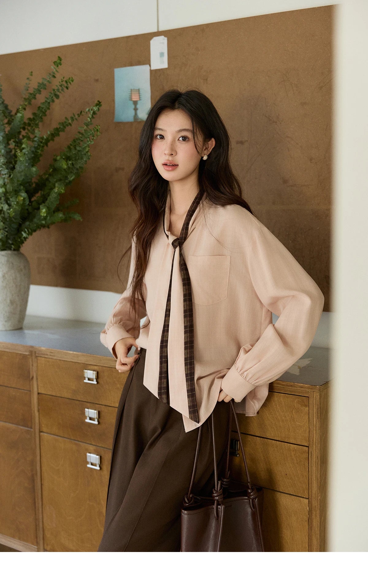 MISHOW Women's Dusty Pink Shirts Spring Plaid Tie Neck Loose Casual Shirt 100 Lyocell Lantern Sleeve Top Office Lady MXF108C0817