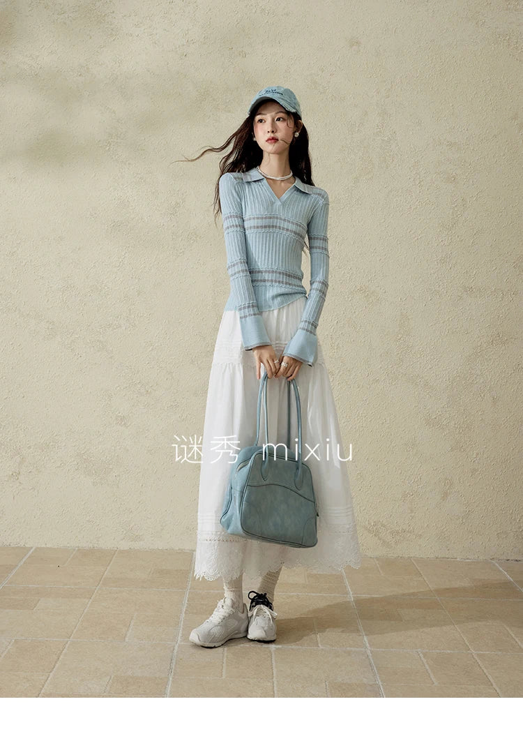 MISHOW Striped Knitted Tops for Women Spring 2025 Contrast Color Striped Slim V-neck Trumpet Sleeves Commuter Outfit MXE13Z1141