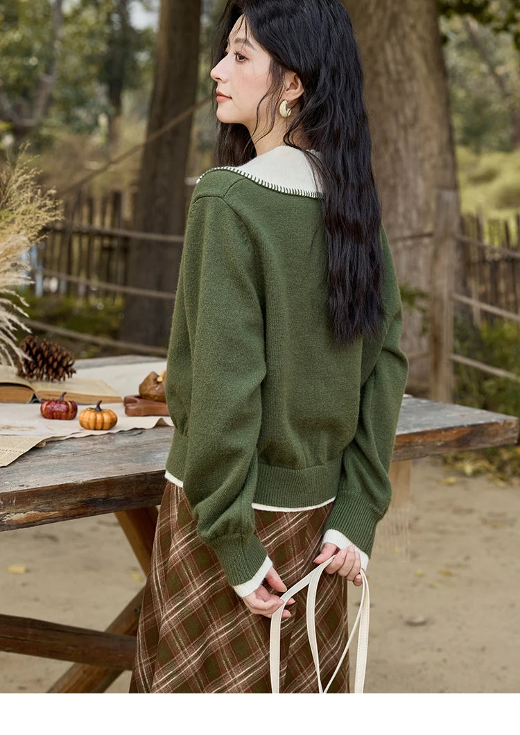 MISHOW Fake Two-piece Sweater Women Fashion Splicing Lapel Knitwear 2024 fall winter New Design Retro V-neck Cardigan MXD41Z0712