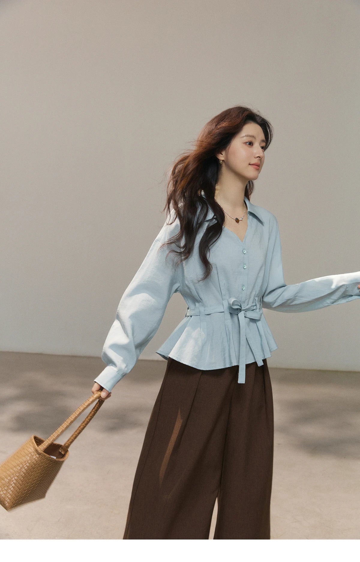 MISHOW Women's Light Blue Lyocell Shirt 2026 Spring Polo Neck V-neck Belted Waist Shirt Casual Peplum Long Sleeve Top MXF13C2437