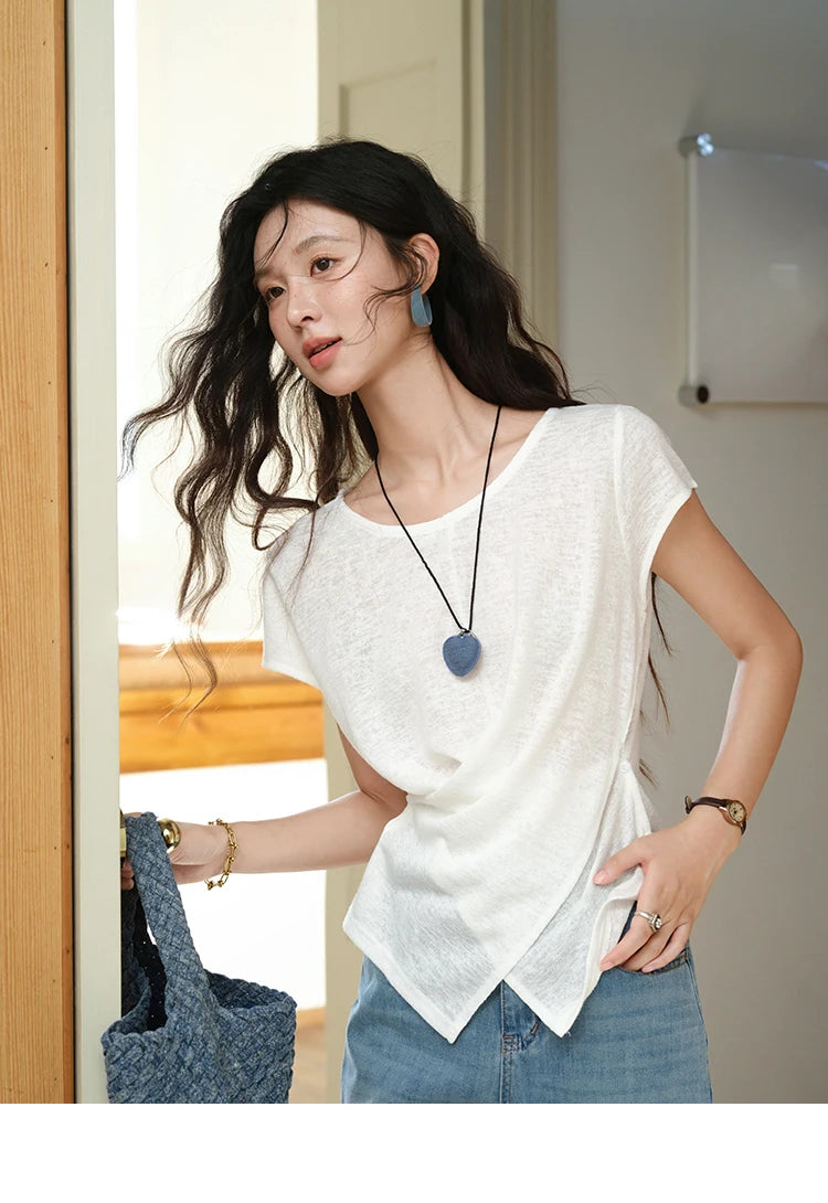 MISHOW Round Neck Knitted T-Shirt Irregular Design Button MXE39T0709