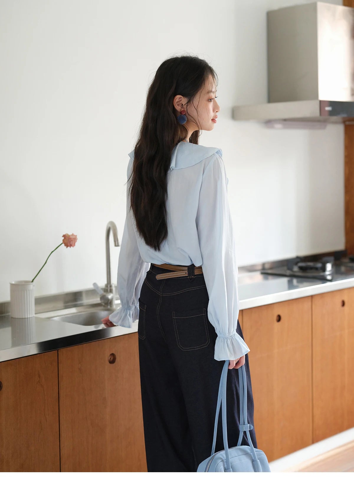 MISHOW Blue Lyocell Ruffled Shirt 2025 Autumn V-neck Flared Sleeves V-neck Shirts Commuting Elegant Versatile Tops MXE41X1969