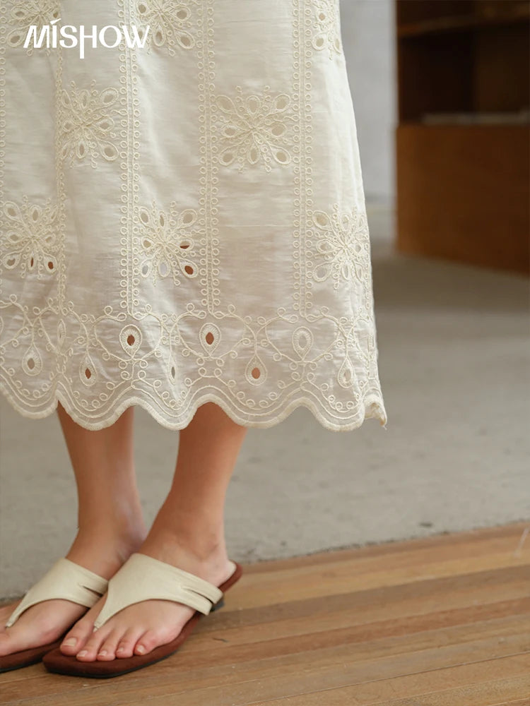 MISHOW Women's Flying Sleeve V-neck Hollow Dress 2025 Summer Embroidery A-line Dress Seaside Vacation Long Dresses MXE39L2404