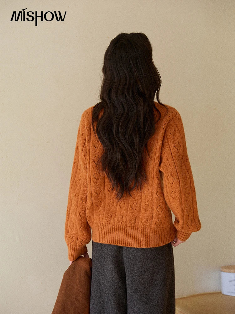 MISHOW Cardigan Woman 2025 Winter Fashion Orange Cable Knit Cardigan Floral Embroidery Retro O-neck Thick Knit Top MXE86Z2737